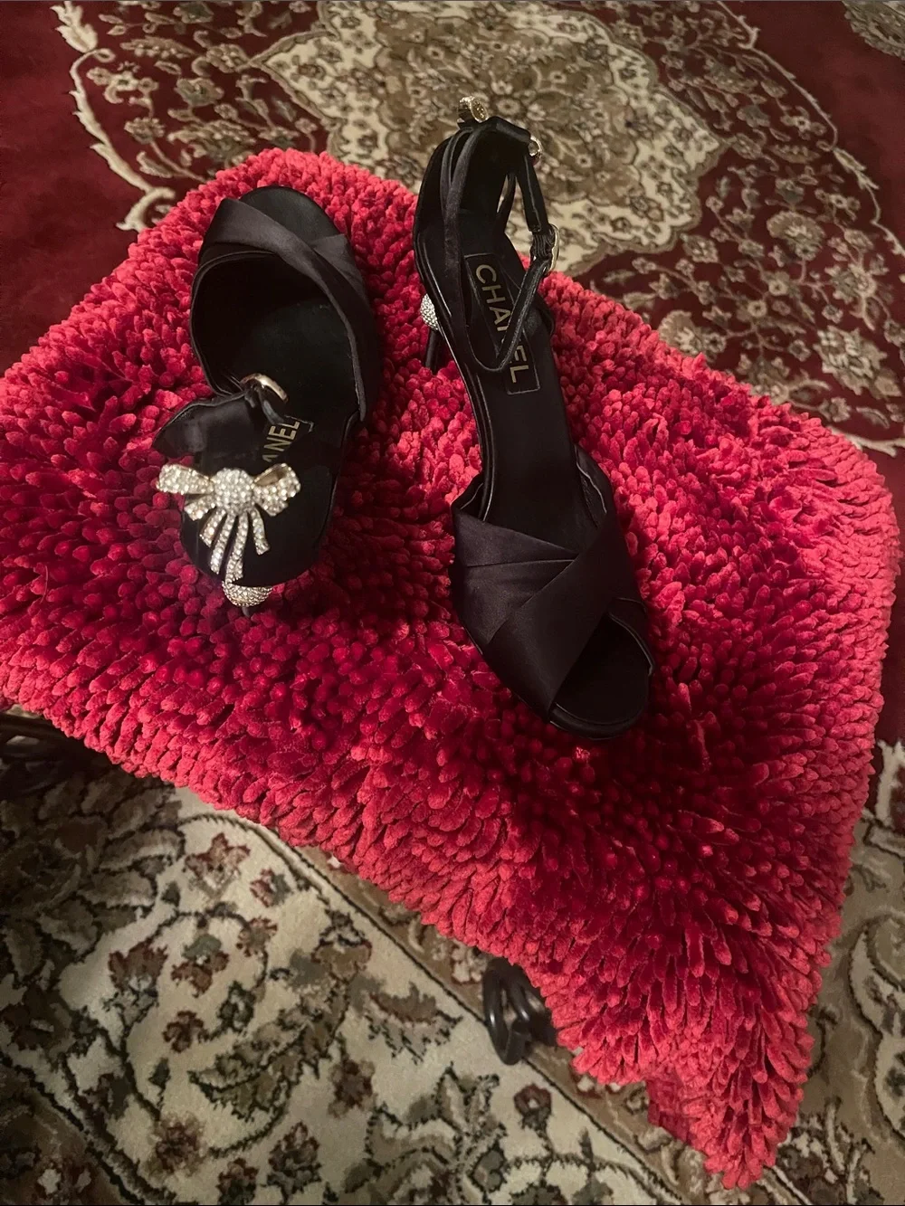 CHANEL Black Satin Peep-Toe Slingback Heels with Rhinestone Accent